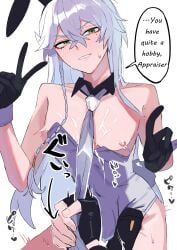 2boys absurd_res baicong_(neverness_to_everness) blush blush_lines blushing boys_love braid braided_hair bulge bulge_through_clothing bunny_ears bunnysuit captain_baicong caption double_peace_sign double_v embarrassed esper_zero_(neverness_to_everness) feminine_male gloves green_eyes gyunyu_ya highres japanese_text light-skinned_male light_skin male male/male male_esper_zero_(neverness_to_everness) male_only neverness_to_everness nip_slip nipples peace_sign pov pov_eye_contact pov_male pulling_tail small_dom_big_sub sweat sweatdrop sweating text translated v white_bunny_ears white_bunnysuit white_hair yaoi