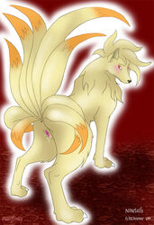 anus blush canine female feral fox kitsune looking_at_viewer multiple_tails ninetales pokemon pokã©mon presenting pussy pussy_juice raised_tail rinienne solo tail wet