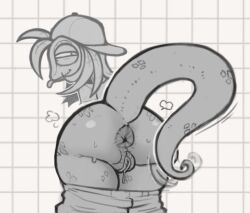 anthro anus backwards_baseball_cap backwards_hat baseball_cap big_butt black_eyes bodily_fluids bottomwear bottomwear_down butt clothed clothing female genitals hat headgear headwear hootpizza long_tail looking_at_viewer looking_back looking_back_at_viewer narrowed_eyes pants pants_down partially_clothed scalie smile solo sweat sweatdrop tail thick_thighs tongue tongue_out vulva wide_hips