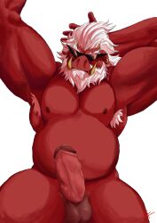 anthro armpit_hair armpits balls bara barazoku beard big_daddy_(zenless_zone_zero) boner calaf erection facial_hair furry hand_behind_head male male_focus male_only muscles muscular nude penis red_skin solo solo_male suina sunglasses sus_(pig) tusks white_hair zenless_zone_zero