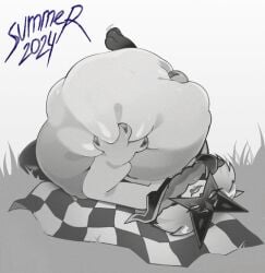 abdominal_bulge abdominal_bulge_grab anthro bedding blanket felid female generation_9_pokemon holding_belly lying mammal meowscarada nintendo on_back paws picnic pokemon pokemon_(species) solo vore voremaxx