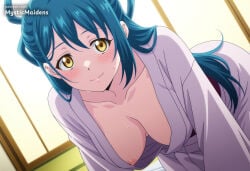 1girl ai_generated all_fours anime anime_style azuma_himari blue_hair blush breasts closed_mouth collarbone hair_rings hanging_breasts hentai hi_res indoors japanese_clothes kimono large_breasts long_hair looking_at_viewer mato_seihei_no_slave mystic_maidens nipple_slip nipples patreon smile solo sweat twitter_username white_kimono yellow_eyes yukata