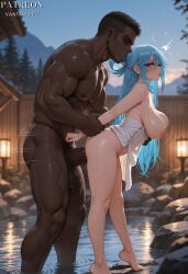 vantawaifu ai_generated aqua_(konosuba) konosuba 1girl breasts dark-skinned_male dark_skin 1boy nipples onsen hetero large_breasts interracial penis sex blue_hair long_hair naked_towel nude water standing blue_eyes outdoors towel muscular barefoot sex_from_behind muscular_male standing_sex wading completely_nude blush mixed-sex_bathing manly very_dark_skin legs from_side shared_bathing rock ass censored wet feet kono_subarashii_sekai_ni_shukufuku_wo! white_towel