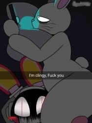 pretty_blood rachina_(pretty_blood) bunchy_(pretty_blood) clingy yandere robot robot_girl femboy female 1girls 1boy femboy_on_female on_phone leg_grab creepy thick_thighs rabbit rabbit_girl rabbit_ears rabbit_humanoid rabbit_tail anthro anthro_female anthro_male sinner20033 bunny_girl bunny_ears bunny_humanoid nude_male looking_at_viewer glaring_at_viewer possessive tail furry furry_male furry_femboy slit_eyes tired scary_face bed laying_on_pillow pillow holding_phone