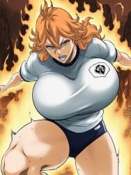 mereoleona_vermillion black_clover orange_hair blue_eyes eyeshadow gym gym_uniform shao145 ai_generated solo solo_female 1girls curvy curvy_figure curvy_female curvy_body mature_female big_breasts large_breasts huge_breasts light_skin light-skinned_female shiny_skin looking_at_viewer bouncing_breasts breasts tite_kubo_style milf