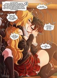 2girls black_hair blonde_hair closed_eyes english_text female female_only half-sisters incest khartemis kiss kissing light-skinned_female light_skin long_hair red_hair ruby_rose rwby school_uniform short_hair sisters speech_bubble text two-tone_hair yang_xiao_long yuri