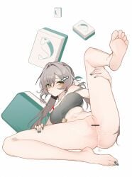 1girl aqua_nails bar_censor barefoot bottomless breasts brown_hair censored commentary_request cum cum_in_pussy dated_commentary feet female female_only green_eyes grey_tube_top hair_ornament highres honkai:_star_rail honkai_(series) inniyik large_breasts long_hair looking_at_viewer mahjong mahjong_tile nail_polish navel pussy qingque_(honkai:_star_rail) simple_background soles solo stomach strapless toenail_polish toenails toes tube_top white_background