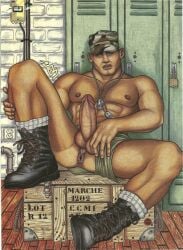 1boy anus ass balls bara boots dog_tags erection gay looking_at_viewer male male_only military muscular nipples original penis puffy_anus shorts solo spread_legs tan_skin tanline traditional_media xavier_gicquel_(artist) yaoi