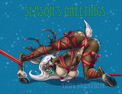 all_fours anthro ass ass_up ball ball_gag blue_eyes blush bondage bow_tie breasts cervine christmas deer female furry furry_only hair holidays hooves horns lady_snakebite looking_over_shoulder nipples presenting raised_tail reindeer ribbons snow solo tail tied white_hair winter