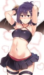 absurdres armpits arms_behind_head arms_up bad_id bad_pixiv_id bangs bare_shoulders black_gloves blush breasts closed_mouth commentary_request cowboy_shot crop_top demon_girl demon_horns demon_wings female frilled_gloves frills gabriel_dropout gloves hair_between_eyes hair_tie hallelujah_essaim highres horns looking_at_viewer medium_breasts midriff navel o-ring o-ring_top pleated_skirt purple_eyes purple_hair simple_background skirt smile solo standing stomach suisen_toire_(moko924) thigh_strap tsukinose_vignette_april tying_hair underboob wide_hips wings