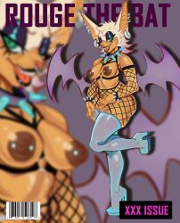 anthro ass bat_wings breasts clothing collar ear_piercing female fishnet footwear hi_res high_heels membrane_(anatomy) membranous_wings nipple_piercing nipples occultgay piercing rouge_the_bat sega solo sonic_(series) sonic_the_hedgehog_(series) wings