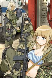 3girls 9a-91 archived_source bad_link black_gloves blonde_hair boots bra breasts cleavage cyrillic dark-skinned_female dark_skin gloves gun helmet highres holding holding_gun holding_helmet holding_weapon inoue_kiyoshirou knee_pads leg_holster long_hair looking_at_viewer machine_gun military military_uniform multiple_girls original panties parted_lips pkp_pecheneg platinum_blonde_hair rifle russia short_hair sitting smersh spetsnaz squatting standing striped striped_bra striped_panties telnyashka underwear uniform weapon