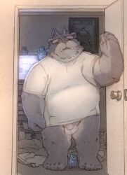 anthro balls bezdomny clothing computer fangs genitals homunculi laundry lifewonders male mammal open_door open_mouth overweight penis shirt solo tired tokyo_afterschool_summoners topwear tsathoggua ursid video_games