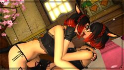 black_hair cat_ears cat_outfit cat_tail catgirl dual_persona final_fantasy final_fantasy_xiv glasses gloves gpose(ffxiv) kissing megane miqo'te neko nekomimi red_hair shaika_row twincest twins