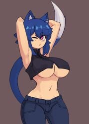 big_breasts blue_hair breasts dgvr docecaedrus female fox_ears fox_girl fox_tail red_eyes tagme tail underboob xiao_(docecaedrus)