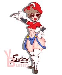 1boy 1girls arm_sleeves big_butt big_lips booty_shorts brown_hair curvy femboy gloves hat mario mario_(series) nintendo overalls small_breasts small_penis solo sultrybunny tagme tank_top thighhighs