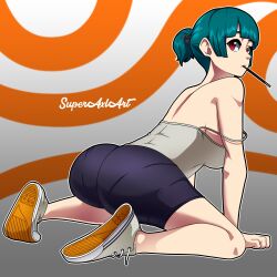 anime bare_shoulders big_butt blue_hair breasts fortnite looking_at_viewer looking_back on_knees orange_background pocky ponytail red_eyes shoes superaxlart tagme tank_top teal_hair teasing white_background yuki_(fortnite)