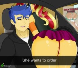 1boy 1girls ass ass_focus cameltoe car car_interior chuyryu equestria_girls female flash_sentry friendship_is_magic hasbro he_wants_to_order hi_res highres human male meme my_little_pony panties red_panties selfie she_wants_to_order snapchat sunset_shimmer thong upskirt