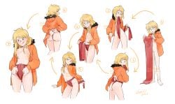 absurdres adjusting_clothes adjusting_fundoshi aged_up arrow_(symbol) artist_name ass bangs blonde_hair blue_eyes blush breasts coat commission commissioner_upload dressing exhibitionism fabric feet female fundoshi fundoshi_pull genderswap_(mtf) highres hood hooded_coat hooded_jacket hoodie how_to jacket japanese_clothes kenny_mccormick licking licking_lips loincloth long_hair messy_hair nipples nude number object_in_mouth orange_coat orange_jacket parka pubic_hair public_indecency pussy red_cloth red_fundoshi red_loincloth rule_63 sequential shouri small_breasts smile south_park step_by_step t-back tongue tongue_out tying_fundoshi watermark