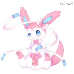 1:1 aleuoliver animal_genitalia animal_penis balls blue_eyes blush canine_penis eeveelution feral generation_6_pokemon genitals hi_res male male_only male_sylveon nintendo penis pokemon pokemon_(species) simple_background sitting solo sylveon video_games white_background white_body