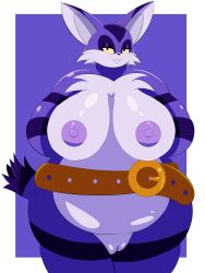 3:4 absurd_res anthro areola big_breasts big_the_cat breasts chillyspicky chubby_female domestic_cat felid feline felis female fur hi_res mammal mtf_crossgender multicolored_body multicolored_fur nipples overweight overweight_female purple_body purple_nipples rule_63 sega slightly_chubby solo sonic_(series) sonic_the_hedgehog_(series) thick_thighs video_games