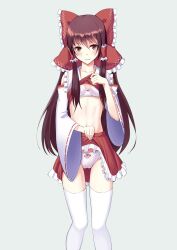 1girls bow_bra bow_panties breasts brown_hair female hakurei_reimu inkcat light-skinned_female lingerie looking_at_viewer midriff navel panties presenting presenting_panties red_dress reimu_hakurei ribbon_panties shirt_lift showing_panties skirt skirt_lift small_breasts solo thighhighs touhou white_panties