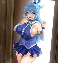 absurdres aqua_(konosuba) armpits blue_eyes blue_hair blue_shirt blue_skirt breasts cowboy_shot detached_sleeves female hair_rings highres huge_breasts kisaragi_tsurugi kono_subarashii_sekai_ni_shukufuku_wo! long_hair miniskirt shirt sideboob skirt sleeveless sleeveless_shirt solo standing sweat