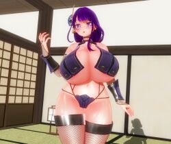 1girls 3d big_breasts breasts custom_maid_3d_2 female female_only genshin_impact gigantic_breasts huge_breasts large_breasts lumen_milkstein massive_breasts navel ninja ninja_clothes ninja_outfit purple_eyes purple_hair raiden_shogun solo solo_female thick_thighs thighs