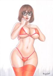 1girls big_breasts brown_hair curvaceous curvy_body curvy_female curvy_figure ed_benes_studio eduardo_copati fit_female glasses looking_at_viewer orange_bikini_top orange_thighhighs orange_thong scooby-doo seductive_look short_hair solo_female tagme velma_dinkley voluptuous voluptuous_female