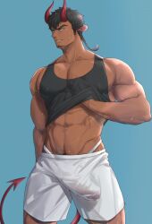 1boy abs all_saints_street animal_ears bara biceps black_hair blue_background boner bulge cachic clothes_lift cow_ears dark-skinned_male dark_skin demon demon_boy demon_horns demon_tail devil devil_boy devil_horns devil_tail erection erection_under_clothes facial_hair feet_out_of_frame horns jockstrap large_pectorals looking_to_the_side male_focus male_only male_underwear manly mature_male muscles muscular muscular_male navel navel_hair nick_hoult nipples pecs pectorals ponytail red_horns red_tail shirt_lift short_hair shorts simple_background solo solo_male spiked_hair stubble sweat sweatdrop tail tank_top teeth thick_arms thick_eyebrows thick_thighs thighs underwear wan_sheng_jie wet wet_clothes wet_shorts wet_tank_top white_shorts