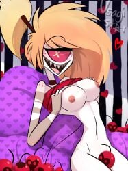 1_eye absurd_res bed blonde_hair breasts cherri_bomb clothed clothing cyclops demon demon_humanoid fangs female female_only furniture hair hazbin_hotel hi_res humanoid looking_at_viewer mammal nipple_holes nipples on_bed open_mouth open_smile partially_clothed smile smooth_skin solo tongue usagi_star white_body x_eyes