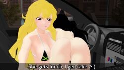 2girls 3d ass bikini black_hair blake_belladonna blonde_hair canon_couple female he_wants_to_order licking_lips meme mikumikudance mmd red_eyes rwby theblackbirdcalls yang_xiao_long yuri