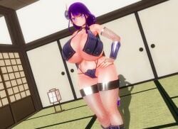 1girls 3d big_breasts breasts custom_maid_3d_2 female female_only genshin_impact gigantic_breasts huge_breasts large_breasts lumen_milkstein massive_breasts navel ninja ninja_clothes ninja_outfit purple_eyes purple_hair raiden_shogun solo solo_female thick_thighs thighs