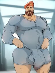 balls beard big_balls big_bulge big_penis brimstone_(valorant) bulge facial_hair gay hat male male_only muscles muscular onesie penis scruffley solo solo_male valorant