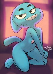 2022 anthro bedroom_eyes blue_body breasts cartoon_network domestic_cat felid feline felis female front_view genitals hi_res kneeling looking_at_viewer mammal narrowed_eyes nicole_watterson nipples nude pinup pose pussy seductive small_breasts solo the_amazing_world_of_gumball tvma