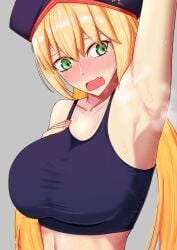 1girls anxious armpit armpit_fetish armpits artoria_pendragon artoria_pendragon_(all) artoria_pendragon_(caster) artoria_pendragon_(caster)_(fate) artoria_pendragon_(fate) big_breasts blonde_hair blue_cap blue_clothing blue_crop_top blue_hat blue_shirt blush breasts cap clothed clothed_female clothes crop_top croptop embarrassed exercise exercise_clothing exposed_armpits exposed_stomach eyebrows_raised fate/grand_order fate_(series) female female_focus female_only fit fit_female furrowed_brow furrowed_eyebrows gray_background green_eyes grey_background hand_on_breast hand_up hat invitation inviting inviting_to_sex long_hair long_nails looking_at_armpit looking_at_side looking_to_the_side nails nervous nervous_sweat oerba_yun_fang open_mouth pink_nails pose posing presenting presenting_armpit presenting_armpits raised_eyebrows simple_background skin_tight skintight skintight_clothing slender slender_body slender_waist slim slim_girl slim_waist sole_female solo_female solo_focus steam steaming steaming_body steamy stench stomach sweat sweatdrop sweating sweaty sweaty_belly sweaty_body talking tied_hair tight_clothes tight_clothing tight_fit twintails visible_stench ye_meng