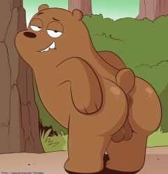 anus ass background balls brown_body brown_skin forest furry furry_only grizzly_(wbb) grizzly_bear male male_only smile solo teeth wanting_sex we_bare_bears