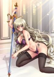 1girls adsouto big_breasts blindfold blonde_hair breasts female female_only goblin_slayer inverted_nipples nipples nude pussy shaved_pussy solo stockings sword_maiden_(goblin_slayer) uncensored