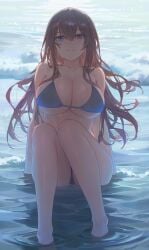 1girls 2022 beach bikini black_bikini blue_eyes breasts brown_hair cleavage female female_only hi_res huge_breasts light-skinned_female light_skin long_hair looking_at_viewer original original_character outdoors slim_waist smile water yohan1754