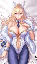 1girls artoria_pendragon artoria_pendragon_(lancer) big_breasts breasts bunny_ears bunnysuit fate/grand_order fate_(series) nipples open_shirt solo thigh_gap tsuki_no_i-min