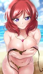 1girls beach big_breasts blush bra breasts female female_only kirisaki_reina looking_at_viewer love_live! necklace nishikino_maki panties purple_eyes red_hair removing_bra solo