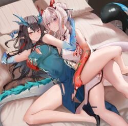 2girls arknights bangs bar_censor bare_shoulders bed black_footwear black_hair blush breasts censored censored_pussy china_dress chinese_clothes closed_mouth dragon_girl dragon_horns dragon_tail dress dusk_(arknights) dusk_(everything_is_a_miracle)_(arknights) female female_only green_dress green_hair high_heels highres horns in_bed large_breasts long_hair looking_at_another looking_at_viewer multicolored_hair multiple_girls nian_(arknights) nian_(unfettered_freedom)_(arknights) nipples official_alternate_costume on_back pointy_ears purple_eyes pussy red_eyes red_hair ru_zhai sisters smile streaked_hair tail thighs torn_clothes torn_dress white_dress white_hair yuri