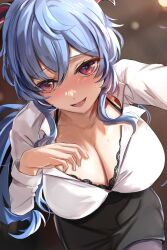 1girls 2022 ahoge blue_hair breasts cleavage clothed clothed_female female female_only ganyu_(genshin_impact) genshin_impact hi_res horns huge_breasts light-skinned_female light_skin long_hair office_lady open_shirt purple_eyes sweat sweaty_body sweaty_breasts tomas_(kaosu22)