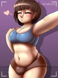 1futa 2d bangs big_breasts blue_topwear booty_shorts breasts brown_hair bulge closed_eyes clothed clothing frisk futa_only futanari human jwecchi_(artist) light-skinned_futanari light_skin mostly_clothed self_upload short_hair short_shorts shorts solo standing thick_thighs underboob undertale undertale_(series) wide_hips