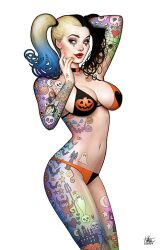 1girls batman_(series) big_breasts bikini curvaceous curvy_body curvy_female curvy_figure dc dc_comics female female_only halloween harley_quinn latex_bikini multicolored_hair nathan_szerdy solo tattoos twintails voluptuous_female