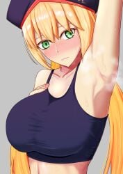 1girls anxious armpit armpit_fetish armpits artoria_pendragon artoria_pendragon_(all) artoria_pendragon_(caster) artoria_pendragon_(caster)_(fate) artoria_pendragon_(fate) big_breasts blonde_hair blue_cap blue_clothing blue_crop_top blue_hat blue_shirt blush breasts cap closed_mouth clothed clothed_female clothes crop_top croptop embarrassed exercise exercise_clothing exposed_armpits exposed_stomach eyebrows_raised fate/grand_order fate_(series) female female_focus female_only fit fit_female furrowed_brow furrowed_eyebrows gray_background green_eyes grey_background hand_on_breast hand_up hat invitation inviting inviting_to_sex long_hair long_nails looking_at_armpit looking_at_side looking_to_the_side mouth_closed nails nervous nervous_sweat pink_nails pose posing presenting presenting_armpit presenting_armpits raised_eyebrows simple_background skin_tight skintight skintight_clothing slender slender_body slender_waist slim slim_girl slim_waist sole_female solo_female solo_focus steam steaming steaming_body steamy stench stomach sweat sweatdrop sweating sweaty sweaty_belly sweaty_body talking tied_hair tight_clothes tight_clothing tight_fit twintails visible_stench ye_meng