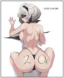 1girls 2022 \||/ aelion_draws all_fours ass backboob bare_arms bare_back bare_shoulders black_bra black_panties blindfold body_writing border bra breasts closed_mouth female female_focus female_only from_behind grey_hair highres large_breasts mole mole_under_mouth nier:_automata nier_(series) paid_reward_available panties partially_visible_vulva patreon_username pointy_nose reward_available shadow short_hair sideboob signature simple_background solo solo_female string_panties thighs underwear white_background white_border yorha_2b