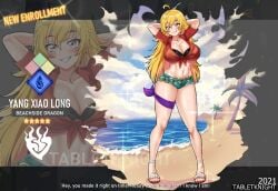 1girls arms_behind_head beach big_breasts blonde_hair breasts cleavage denim_shorts full_body large_breasts outdoors pink_eyes rwby sandals shirt shorts solo standing tabletknight tagme teenage_girl teenager text waist_chain yang_xiao_long