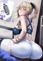 1girls ass bangs big_ass big_butt blonde_hair blue_eyes blurry blurry_foreground blush breasts cameltoe genshin_impact hair_between_eyes hair_ornament hair_scrunchie high_ponytail highres huge_ass jean_gunnhildr large_breasts long_hair looking_at_viewer pants ponytail scrunchie sidelocks sitting solo solo_female sports_bra sweat tight_pants tinnies white_pants wristband yoga_pants