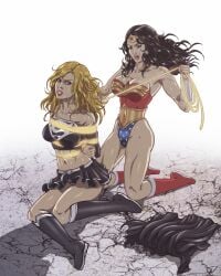 2girls amazon ass big_ass big_breasts black_hair blonde_hair blue_eyes bondage breasts cleavage dc dc_comics diana_prince female female_only femdom femsub kara_danvers kara_zor-el lasso_of_truth leotard light-skinned_female multiple_girls older_woman_and_younger_girl reptileye ripped_clothing supergirl superman_(series) thick_thighs wide_hips wonder_woman wonder_woman_(series)